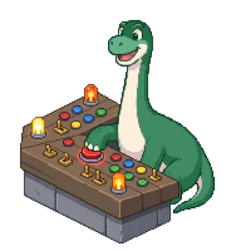 Pixel-Figur: ein grüner Langhals-Dino bedient ein Schaltpult.