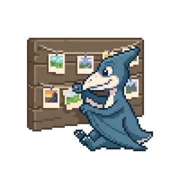 Pixel-Figur: ein blauer Flugsaurier pinnt Fotokarten an eine Holztafel.
