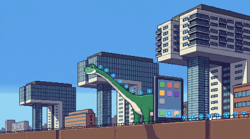 Pixel-Szene an den Kölner Kranhäusern: ein grüner Langhals-Dino lässt leuchtende Würfel am Hals entlang zu einem großen Tablet mit bunten App-Kacheln laufen.